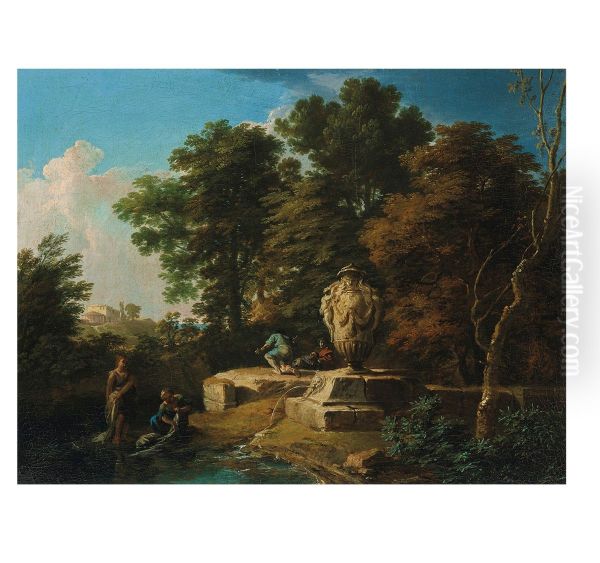 An Italianate landscape with washerwomen and shepherds by a fountain - view 1