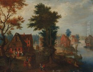A river landscape with boats and carriages by a village A river landscape with boats and carriages by a village