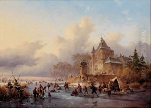 A winter landscape with activites on the ice near a castle A winter landscape with activites on the ice near a castle