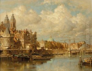 A view of the Prins Hendrikkade with the St Nicolaas Church, he Schreierstoren and the Lutherian church, Amsterdam