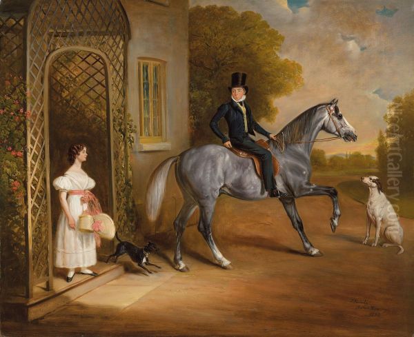 Master John Marriott on a grey horse, with his sister Annis and their dogs outside the Elms, Cropwell Butler - view 1