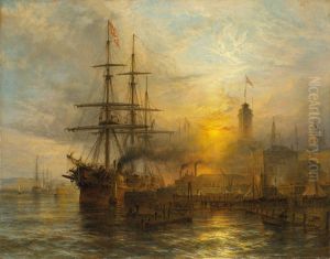 A Danish steamer moored alongside a busy dock