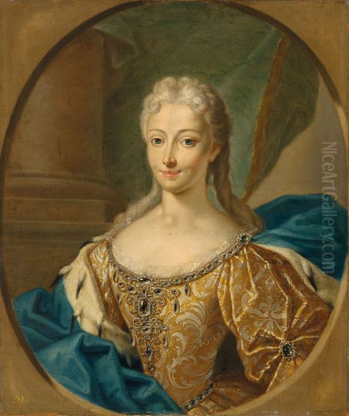 Portrait of Princess Maria Clementina Sobieska (1702-1735), wife of 'The Old Pretender', bust-length, in a gold dress and blue ermine-lined cloak, in a feigned oval - view 1