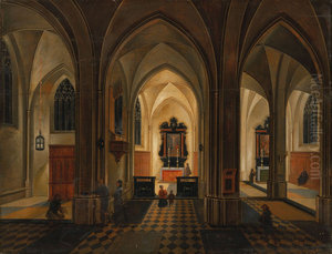 The interior of a church with people praying by candlelight The interior of a church with people praying by candlelight