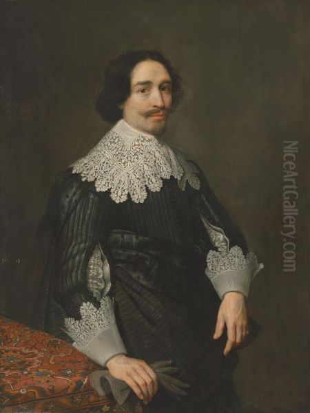 Portrait of a gentleman, aged 29, three-quarter-length, in a black slashed-sleeve doublet and lace collar - view 1