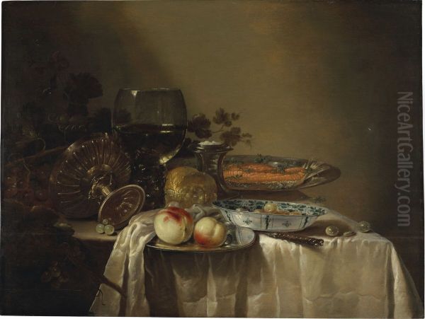 A roemer, an upturned tazza, grapes, peaches and salmon on pewter platters, olives in a porcelain bowl, and other objects on a partly draped table - view 1
