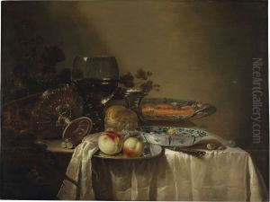 A roemer, an upturned tazza, grapes, peaches and salmon on pewter platters, olives in a porcelain bowl, and other objects on a partly draped table