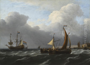 Ships off the coast in choppy waters Ships off the coast in choppy waters