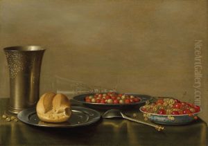 Strawberries in a silver dish, cherries and white currents in a wanli bowl, with a bread roll and silver cup