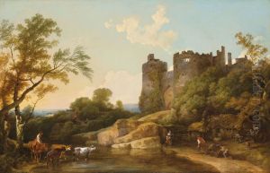 View of Harlech Castle, with peasants beside a lake by Philip James de Loutherbourg
