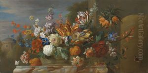 Tulips, peonies and other flowers in a basket on a plinth, a garden beyond