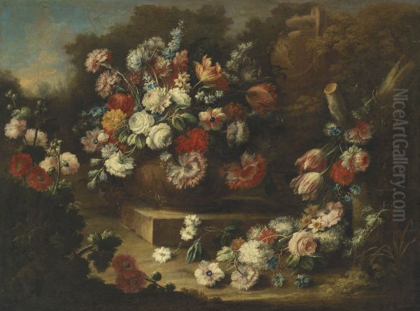 Flowers in an ornamental urn in a landscape - view 1