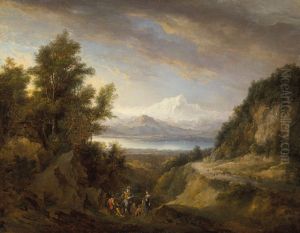 Extensive view of Lake Geneva with Mont Blanc beyond, figures in the foreground