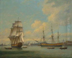 An East Indiaman in two positions off Deptford dockyard, with Greenwich beyond