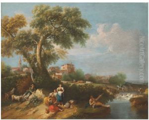 Wooded Landscape with a Fisherman on a Bank by Francesco Zuccarelli