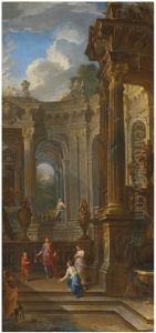 An architectural capriccio with David, Bathsheba and Solomon by Giovanni Paolo Panini