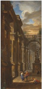 An architectural capriccio with Death of Ananias by Giovanni Paolo Panini