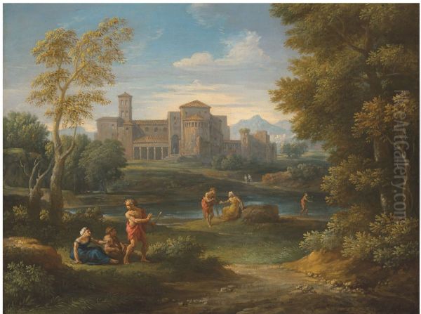 Travellers resting beside a road, a monastary beyond - view 1