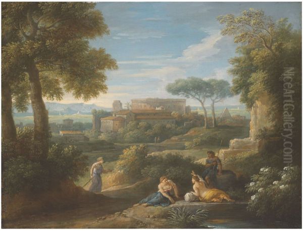 Travellers resting beside a road, a town beyond - view 1