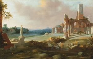 A landscape with classical ruins by Bartholomeus Breenbergh