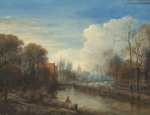 A river landscape, with an angler and sheep on the banks A river landscape, with an angler and sheep on the banks