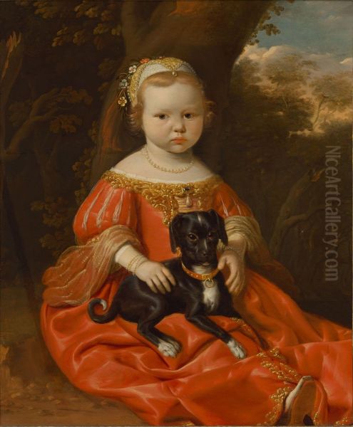 Portrait of a young girl in a red dress with her dog in a landscape - view 1