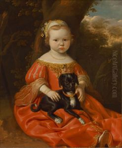 Portrait of a young girl in a red dress with her dog in a landscape by Jan de Stomme