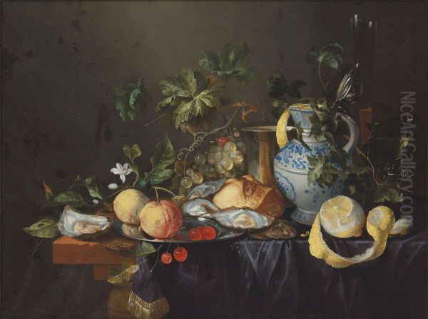 Oysters, grapes, lemons, an orange, cherries and a loaf with silverwear, glasses and a delft vase on a draped table - view 1