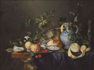 Oysters, grapes, lemons, an orange, cherries and a loaf with silverwear, glasses and a delft vase on a draped table by Joris Van Son