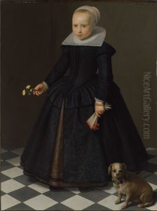 Portrait of a girl, full-length, in a black dress, holding a glove and some buttercups, with a dog