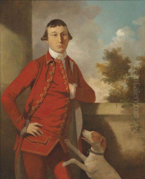 Portrait of a gentleman, a member of the Oman family, three-quarter-length, in a red suit, with a dog - view 1