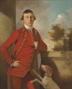 Portrait of a gentleman, a member of the Oman family, three-quarter-length, in a red suit, with a dog