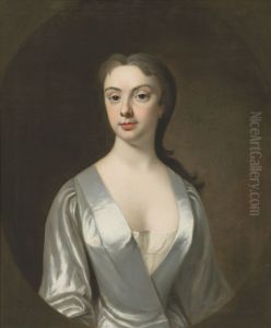 Portrait of a lady, traditionally identified as Joyce Leeson, Lady Blackwood, half-length, in a sliver gown, in a feigned oval