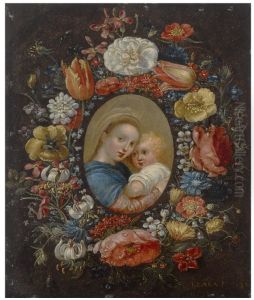 MADONNA AND CHILD WITHIN A FLORAL WREATH