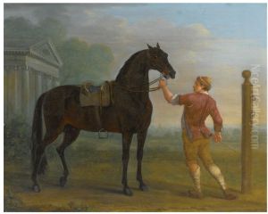 A DARK BAY STALLION, POSSIBLY THE BYERLEY TURK, HELD BY A GROOM IN A LANDSCAPE