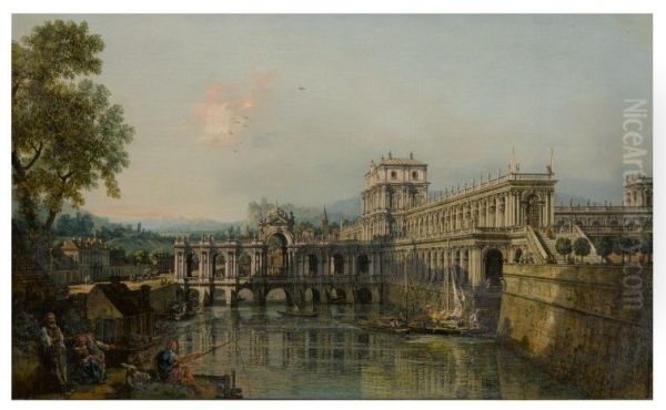 ARCHITECTURAL CAPRICCIO WITH A PALACE BESIDE A MOAT AND FIGURES IN THE FOREGROUND - view 1