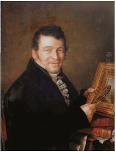 Portrait d'Augustin Miron examinant un petit tableau a la loupe