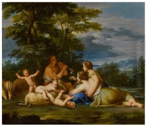 GOATHERD PLAYING HIS PIPE WITH THREE BOYS PLAYING AND TWO GIRLS LISTENING by Marcantonio Franceschini)