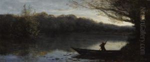 BATELIER ABORDANT A LA RIVE, LE SOIR