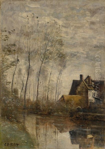 UN COIN DE RIVIERE AVEC MAISONS ET PEUPLIERS - view 1
