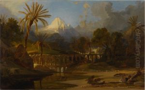 LANDSCAPE WITH PALM TREES AND MOUNTAINOUS VISTA