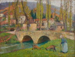 VIEILLE FEMME MENANT DEUX CHEVRES PRES DU PONT DE LABASTIDE DU VERT by Henri-Jean Guillaume Martin
