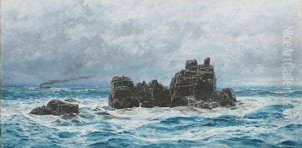 A Rocky Coastal Outcrop, With Distantsteamer - view 1