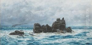 A Rocky Coastal Outcrop, With Distantsteamer by John Butts