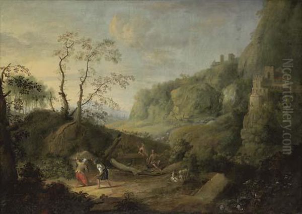 A Mountainous Wooded Landscape With Figures - view 1