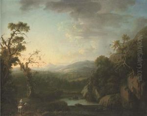 An Extensive River Landscape With A Figure And Horse On A Path In The Foreground An Extensive River Landscape With A Figure And Horse On A Path In The Foreground