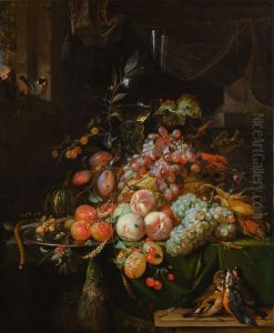 STILL LIFE WITH PLUMS, PEACHES, APRICOTS, GRAPES AND A MELON, WITH A ROEMER GLASS AND A FLUTE GLASS, ALL ON A DRAPED TABLE, A GOLDFINCH ON THE WINDOW SILL AND A BRACE OF SONGBIRDS by Abraham Mignon