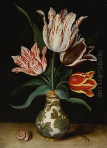 STILL LIFE OF FOUR TULIPS IN A WAN-LI PORCELAIN VASE STILL LIFE OF FOUR TULIPS IN A WAN-LI PORCELAIN VASE