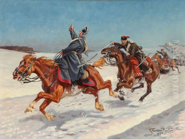 Den jyske dragon, Niels Kjeldsen, i enekamp med to projsiske husarer, i kampene ved Hojen, syd for Vejle i 1864 - view 1