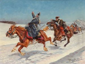 Den jyske dragon, Niels Kjeldsen, i enekamp med to projsiske husarer, i kampene ved Hojen, syd for Vejle i 1864